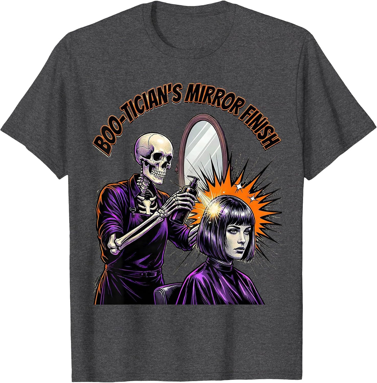 Boo-tician's Mirror Finish Comic Book Skeleton Hairdresser T-Shirt - Dark Heather Grey