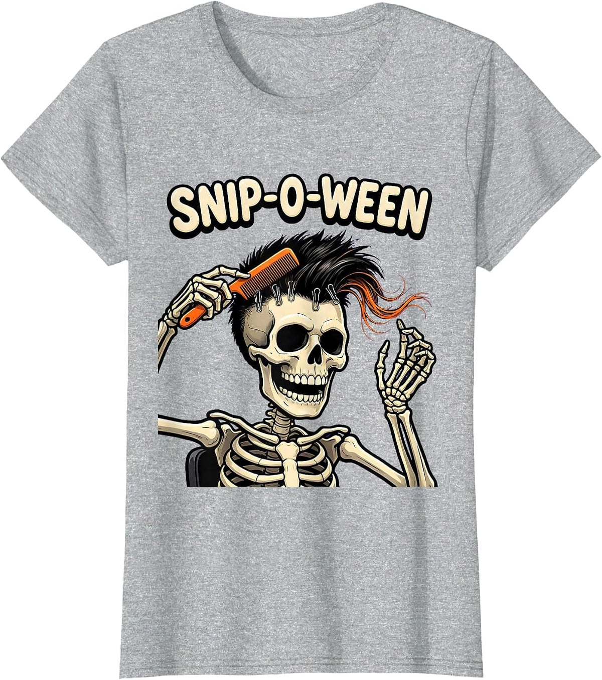 Women's Snip-o-Ween Cartoon Skeleton Hairstylist Halloween Barber T-Shirt - Heather Grey