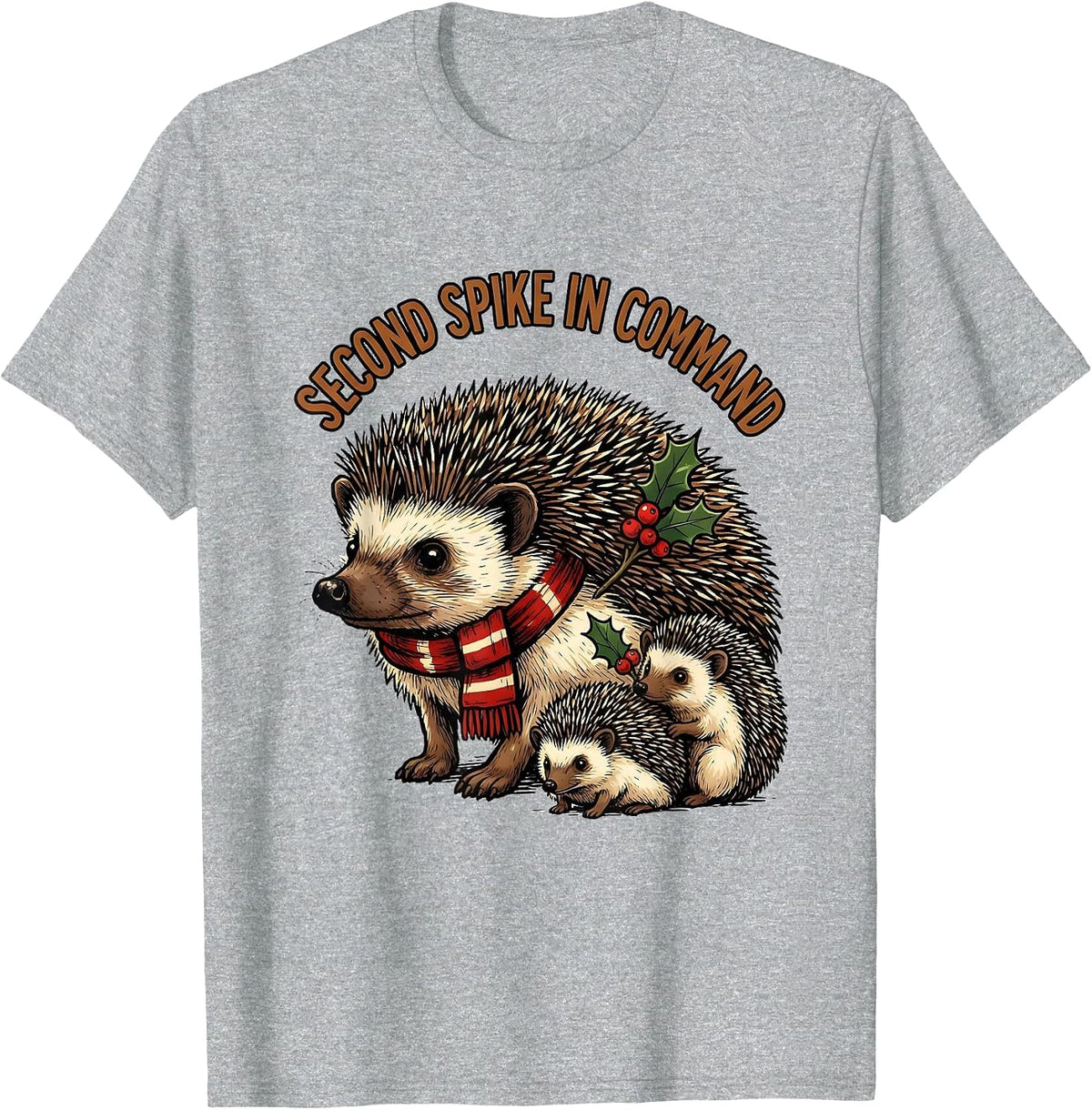 Men's Second Spike In Command Cute Hedgehog Christmas Novelty T-Shirt - Heather Grey