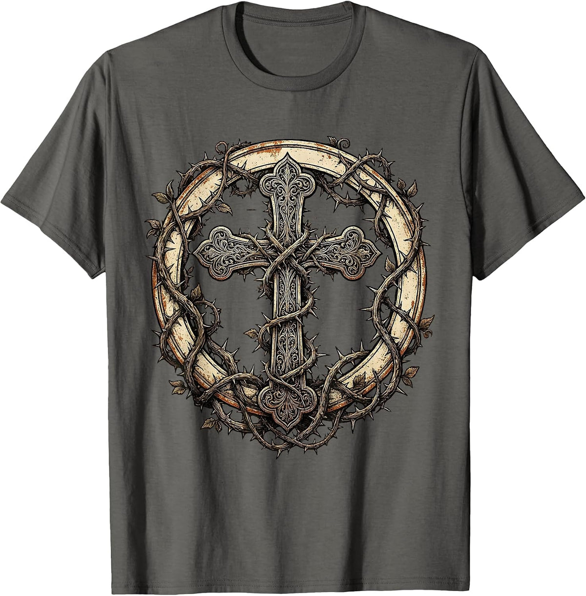 Men's Ornate Cross Wrapped in Thorned Vines Design T-Shirt - Asphalt Grey