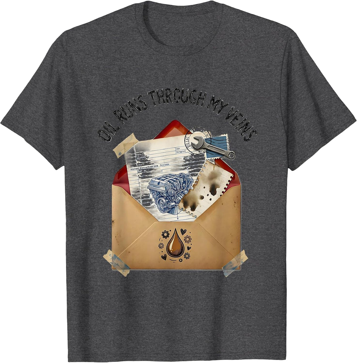 Men's Oil Runs Through My Veins Mechanic Design T-Shirt - Dark Heather Grey