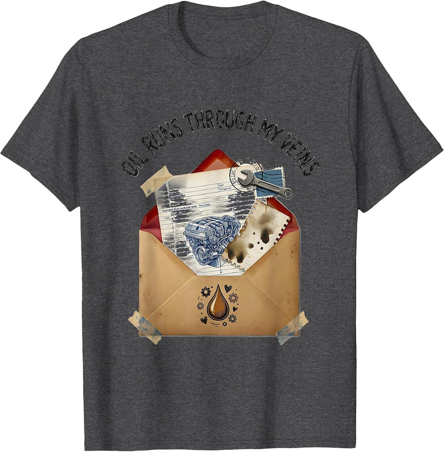 Men's Oil Runs Through My Veins Mechanic Design T-Shirt - Dark Heather Grey