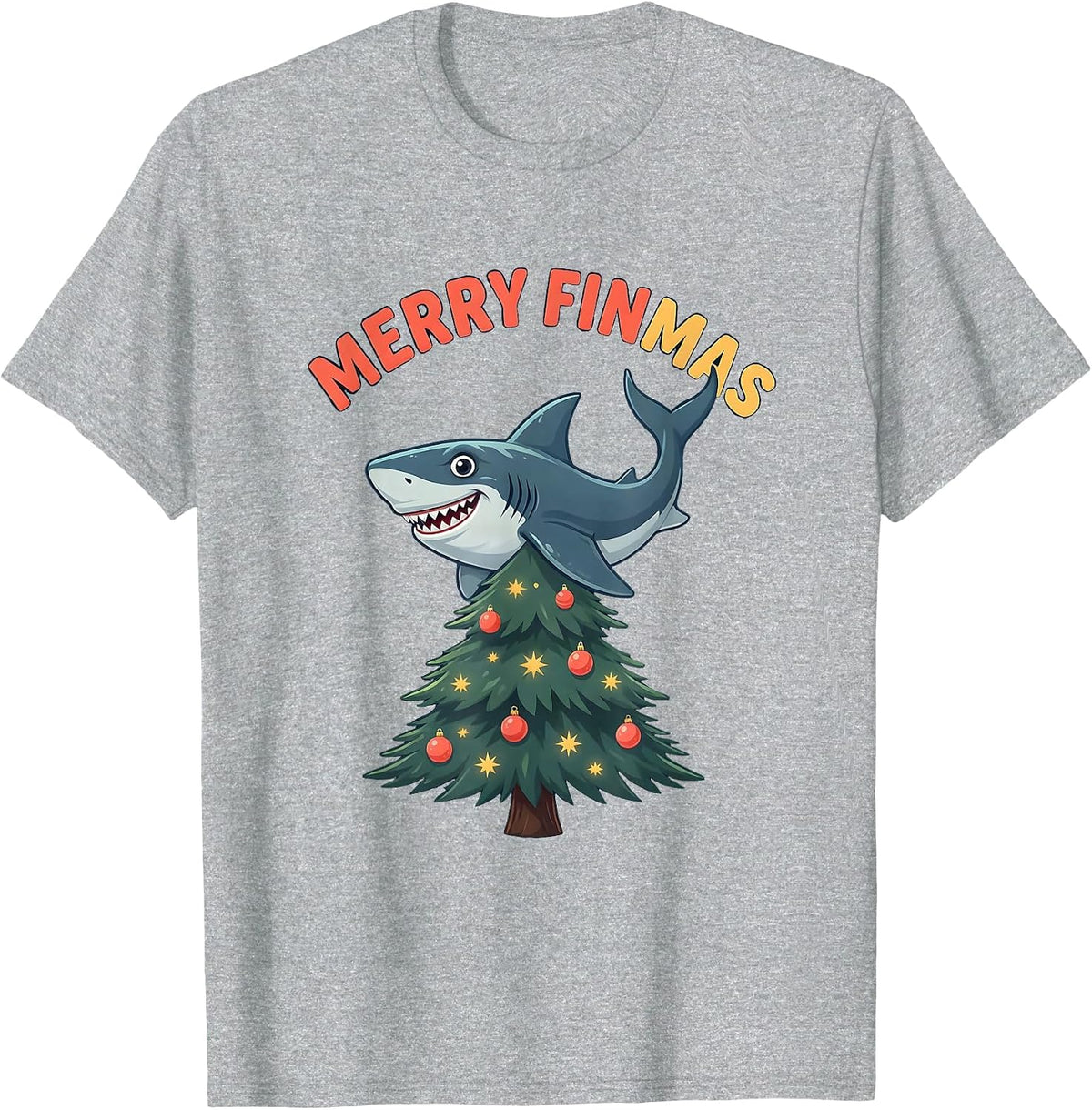 Men's Merry Finmas Funny Shark Christmas Pun Humor T-Shirt - Heather Grey