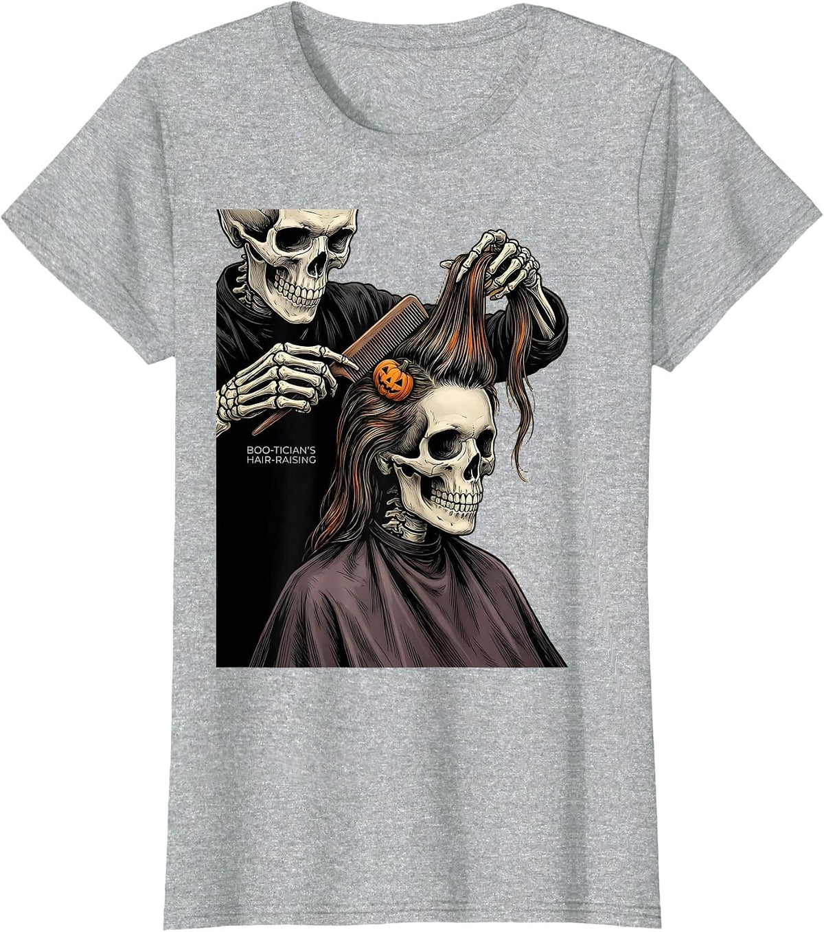 Women's Boo-tician's Hair-Raising Funny Skeleton Hairdresser T-Shirt - Heather Grey