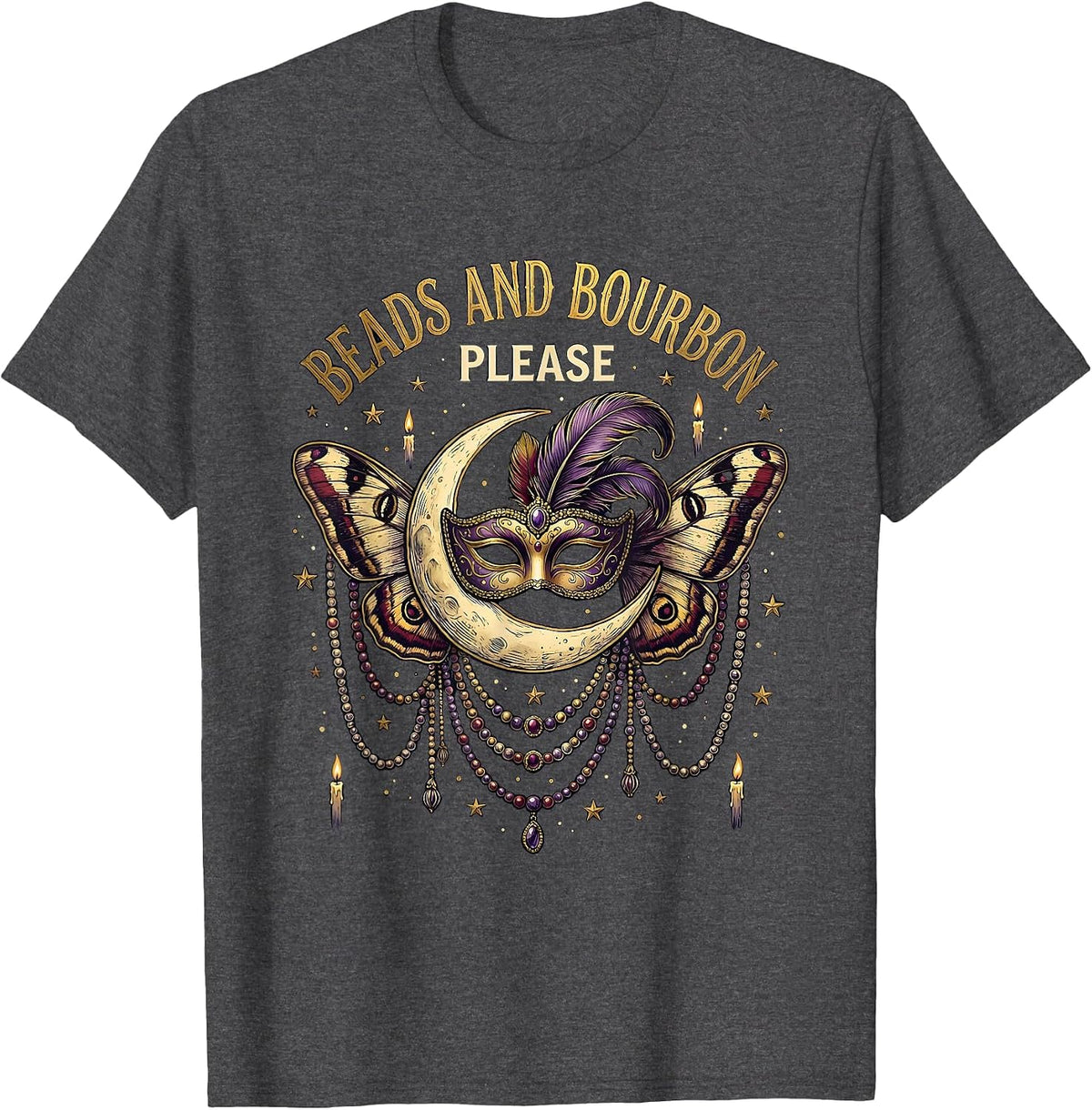 Beads and Bourbon Please Mardi Gras Design T-Shirt - Dark Heather Grey