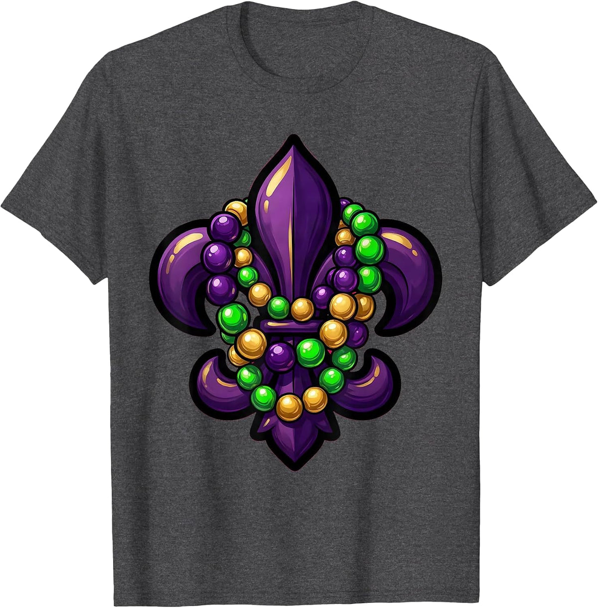 Mardi Gras Beaded Necklaces Fleur-de-Lis Design T-Shirt - Dark Heather Grey