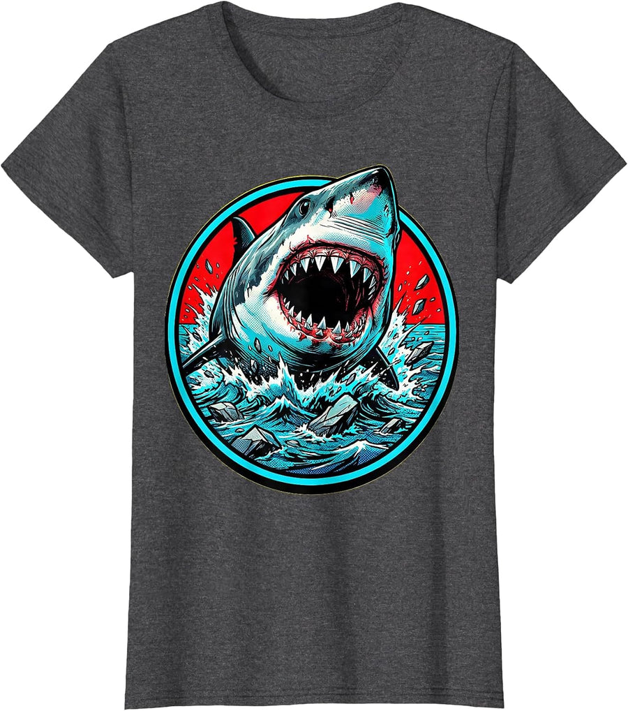 Women's Great White Shark Ocean Burst Graphic Tee T-Shirt - Dark Heather Grey