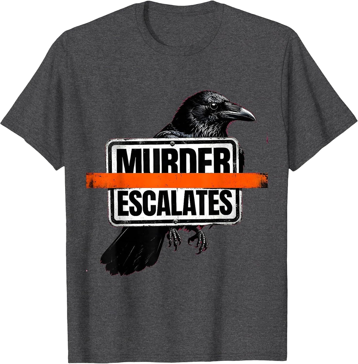 Men's Murder Escalates Brutalist Dark Humor Crow Raven Bird Lover T-Shirt - Dark Heather Grey