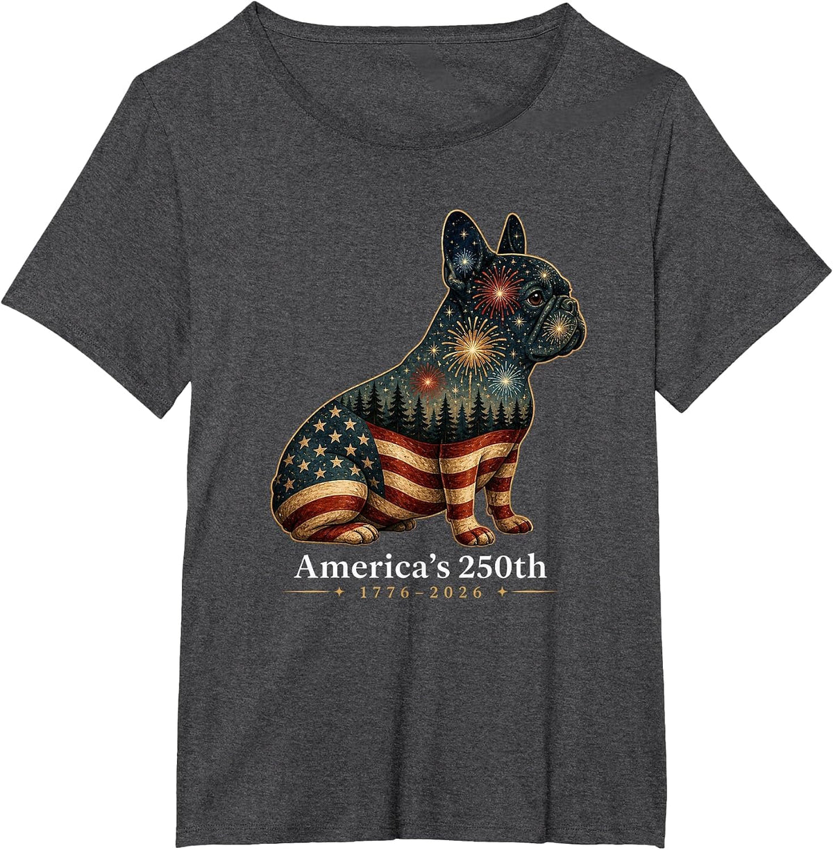 French Bulldog America's 250th Patriotic Dog Fireworks T-Shirt - Dark Heather Grey