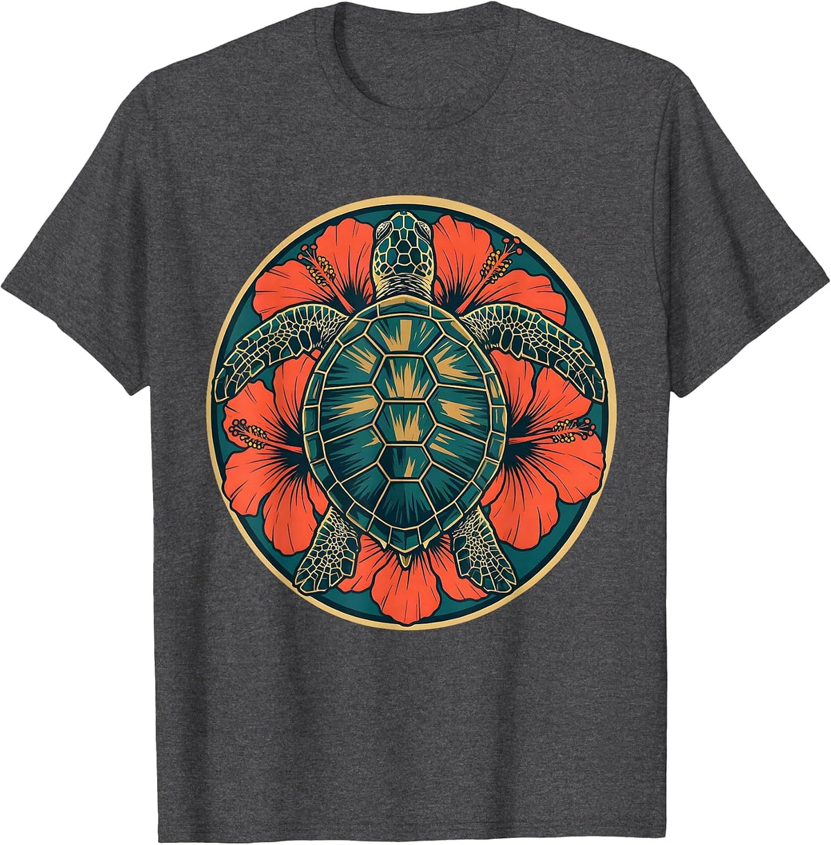 Sea Turtle Hibiscus Luau Tropical Graphic T-Shirt - Dark Heather Grey
