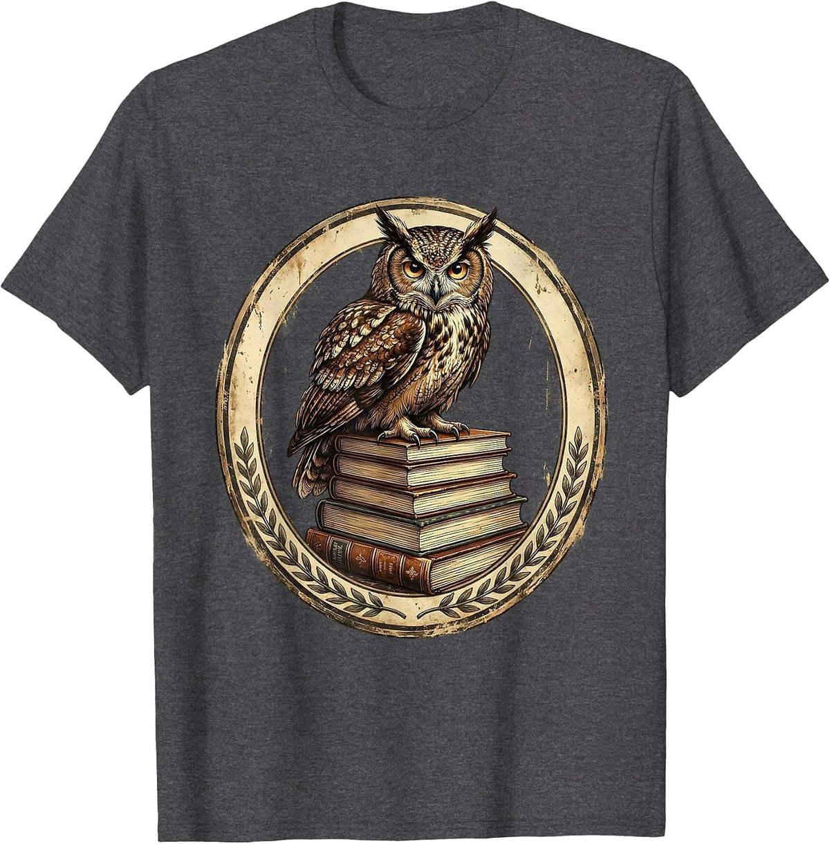 Men's Wise Owl on Stacked Textbooks Teacher Gift T-Shirt - Dark Heather Grey