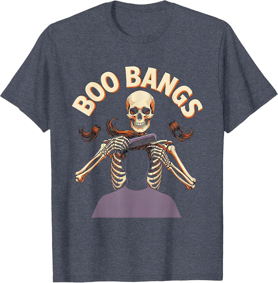 Boo Bangs Funny Skeleton Hairstylist Halloween Barber Humor T-Shirt - Heather Blue