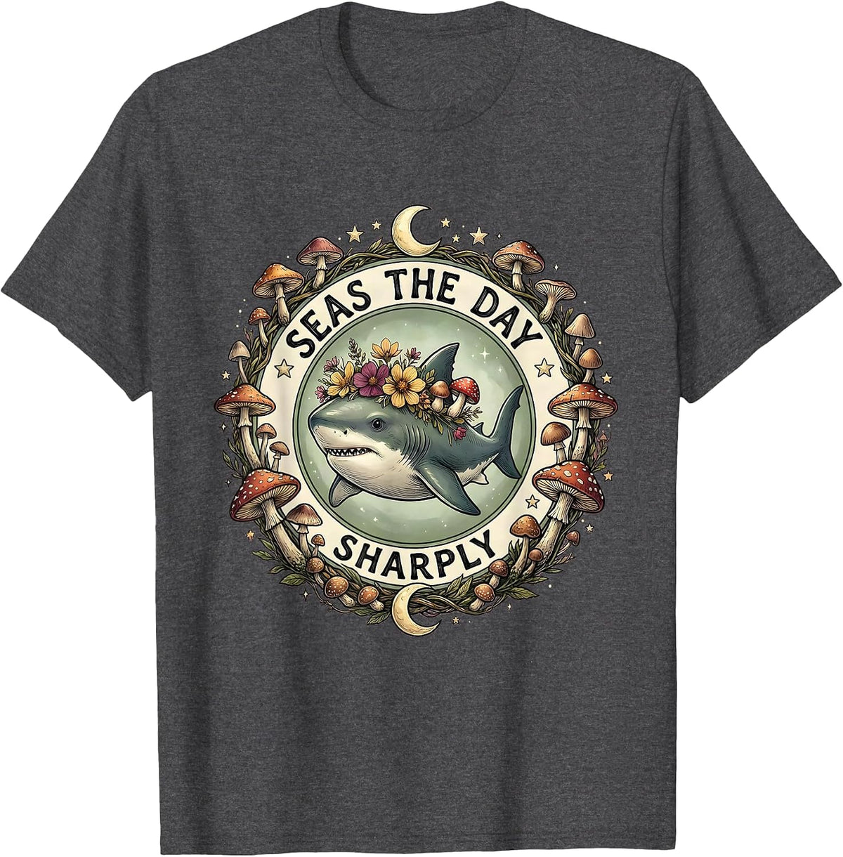 Seas the Day Sharply Shark Ocean Design T-Shirt - Dark Heather Grey