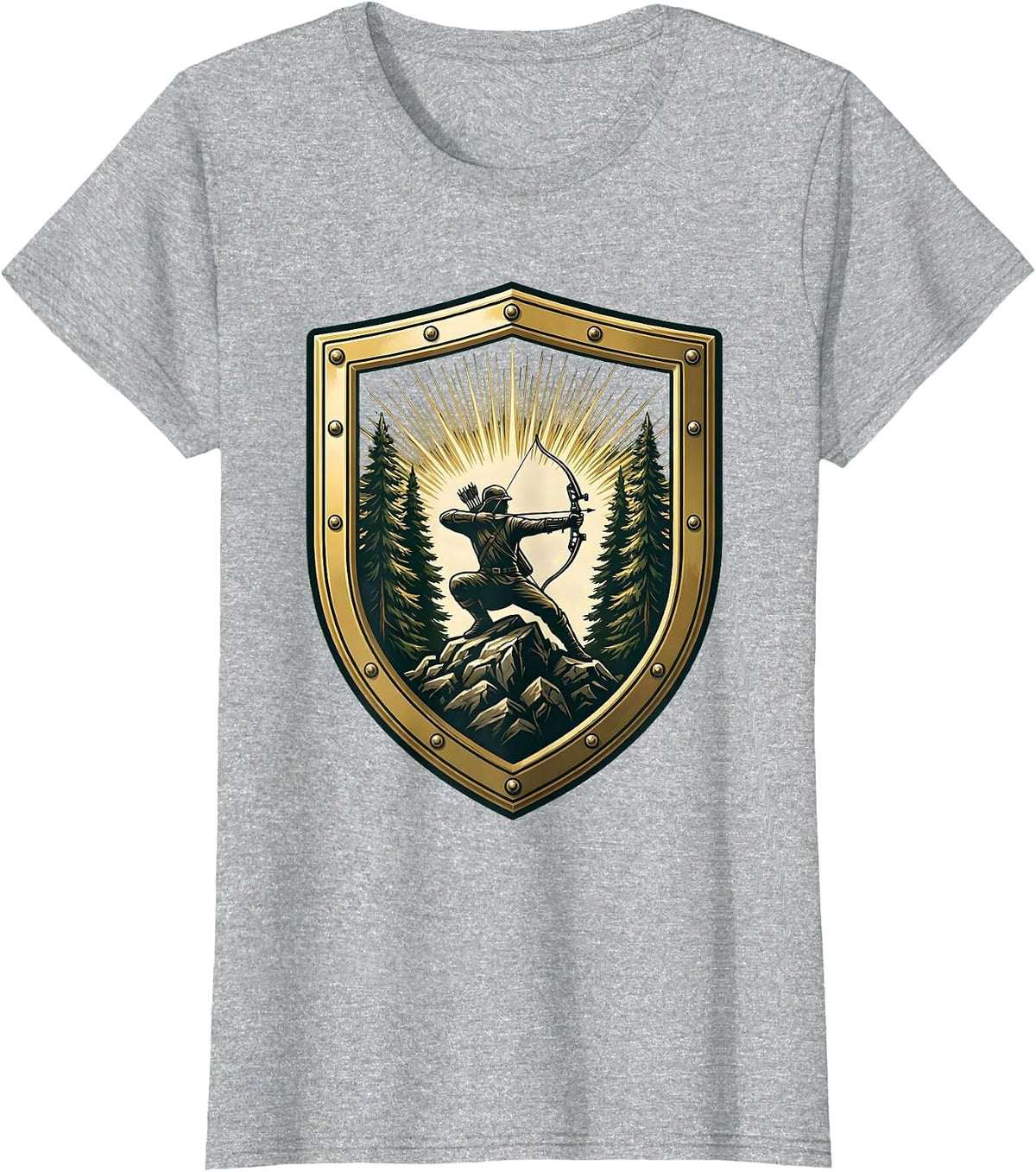 Bowhunter Crouched Behind Rocky Outcropping T-Shirt - Heather Grey
