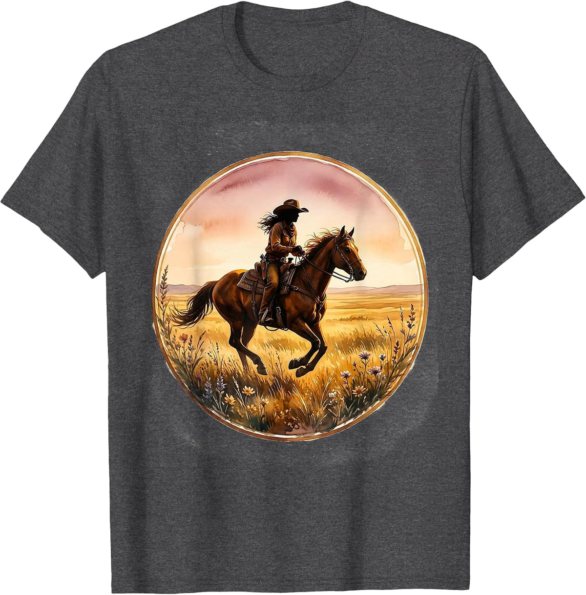 Cowgirl Riding Horse Golden Grassland Texas T-Shirt - Dark Heather Grey