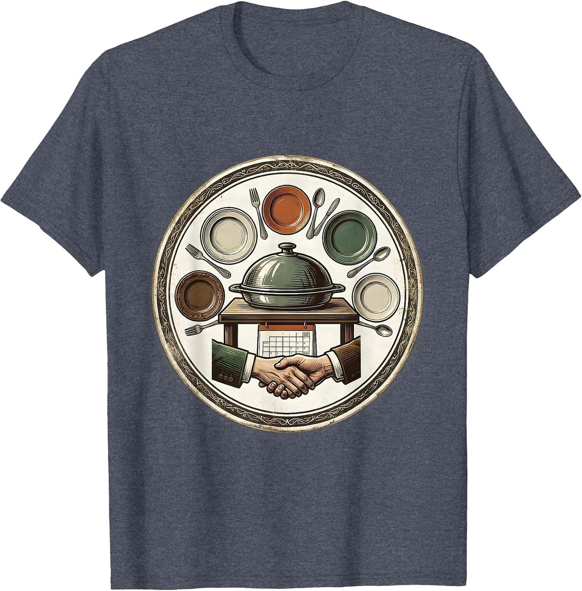Sealed Communal Dish Vintage Friendsgiving Group Badge T-Shirt - Heather Blue