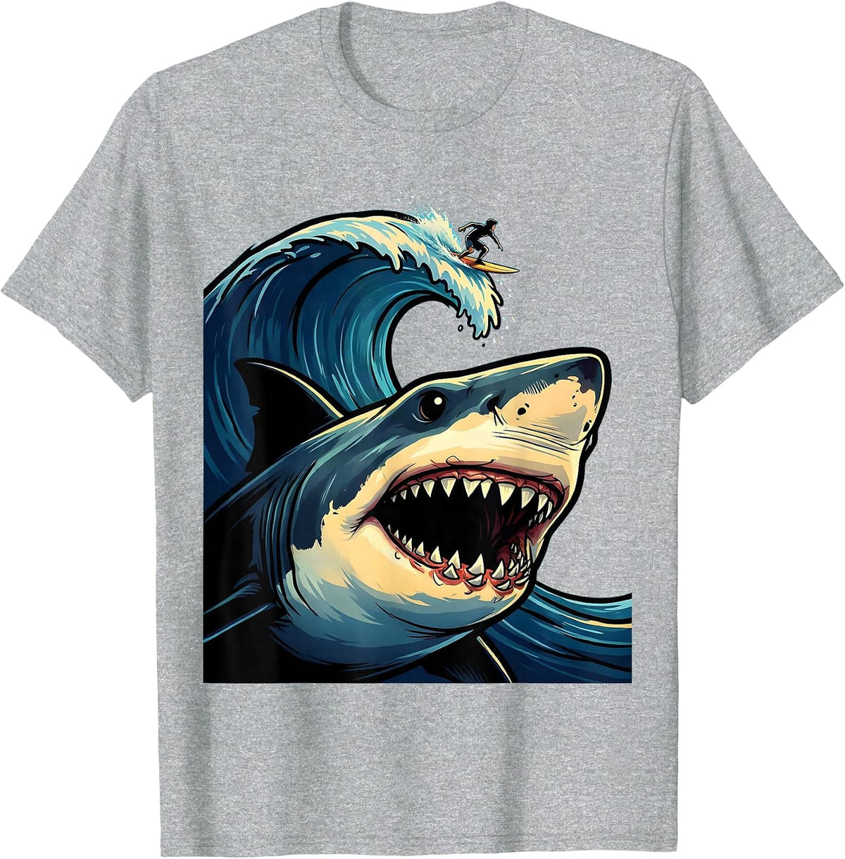 Men's Shark Silhouette Beneath Lone Surfer Graphic T-Shirt - Heather Grey