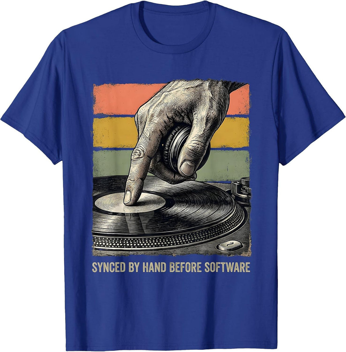 Men's Synced By Hand Before Software Retro DJ Gift Vintage T-Shirt - Royal Blue