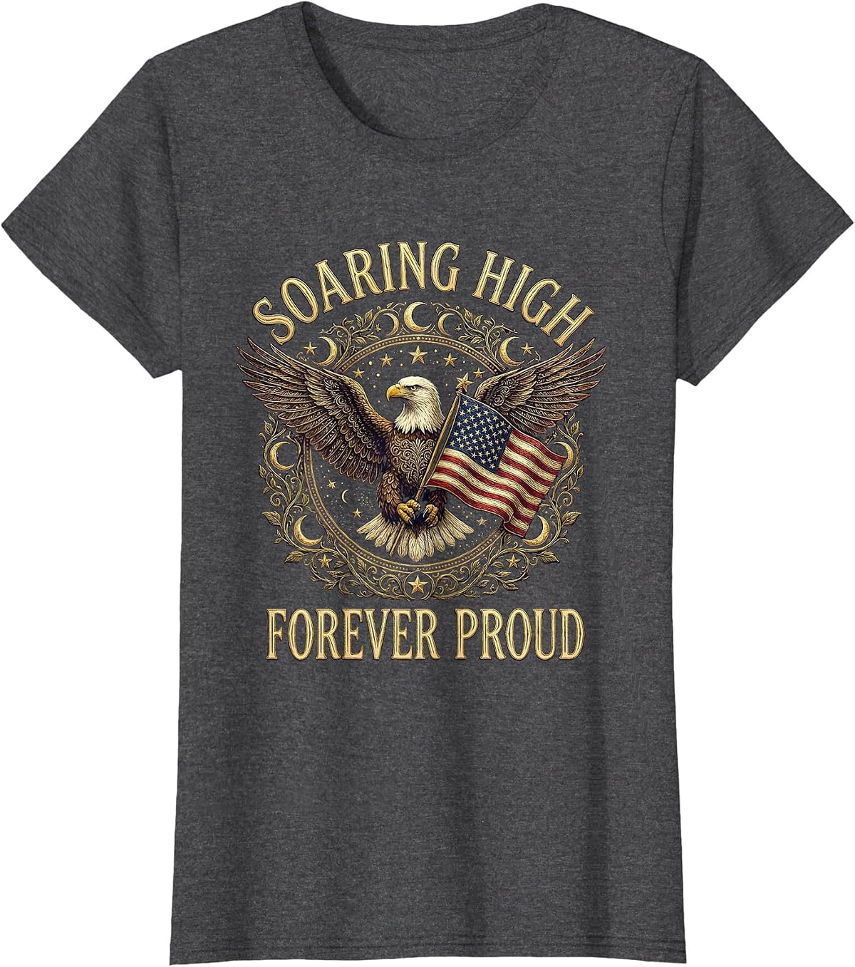 Women's Soaring High Forever Proud Veterans Day Eagle Design T-Shirt - Dark Heather Grey