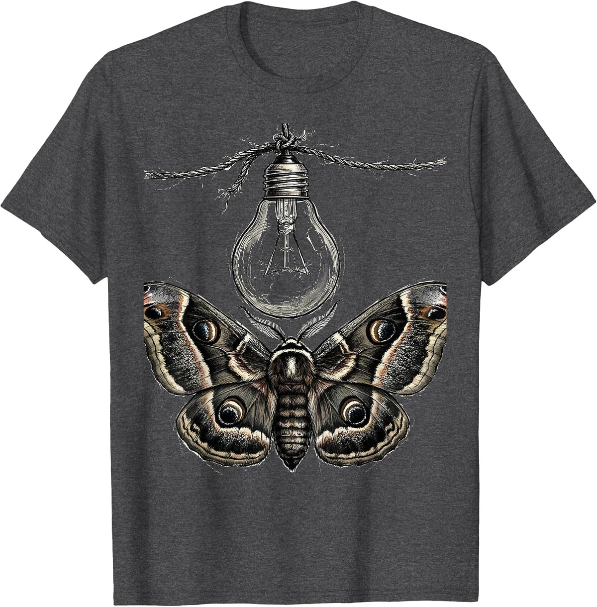 Grunge Moth and Bare Bulb Illustration T-Shirt - Dark Heather Grey