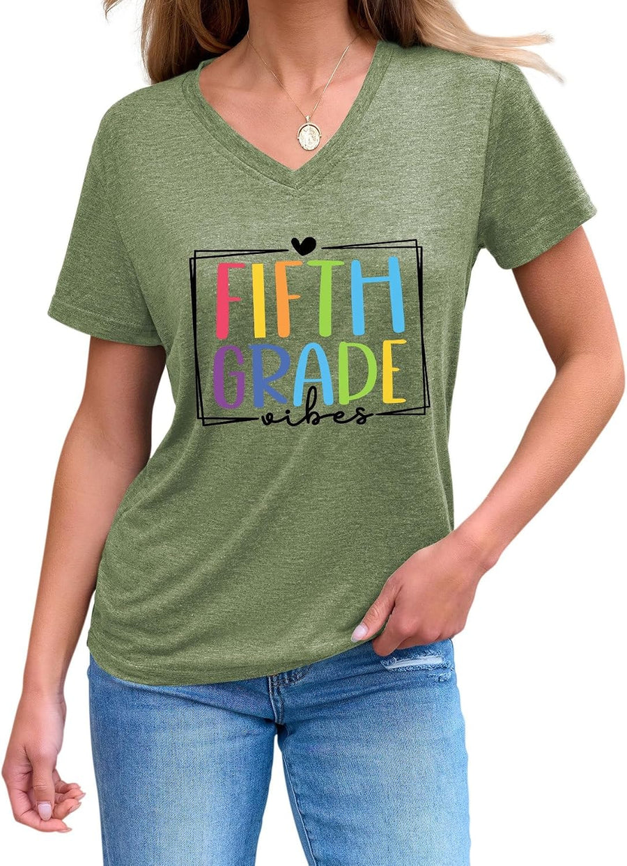 Fifth Grade Teacher Shirt for Women Back to School V Neck Tee First Day of 5th Grade Teacher Apparel T-Shirt - Olive Green
