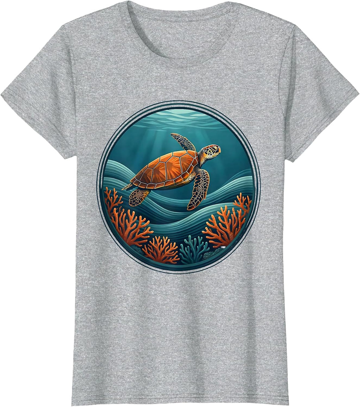 Women's Mexico Sea Turtle Coral Reef Ocean Illustration T-Shirt - Heather Grey