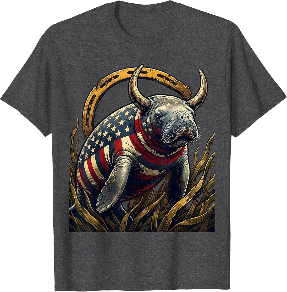 Gulf of America Manatee Seagrass Meadow Illustration T-Shirt - Dark Heather Grey