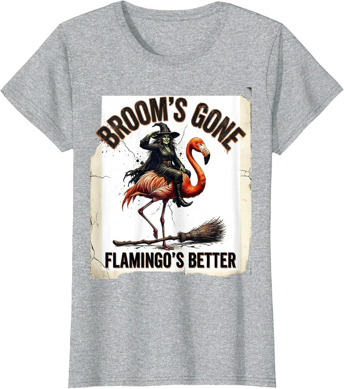 Broom's Gone Flamingo's Better Distressed Witch Halloween T-Shirt - Heather Grey