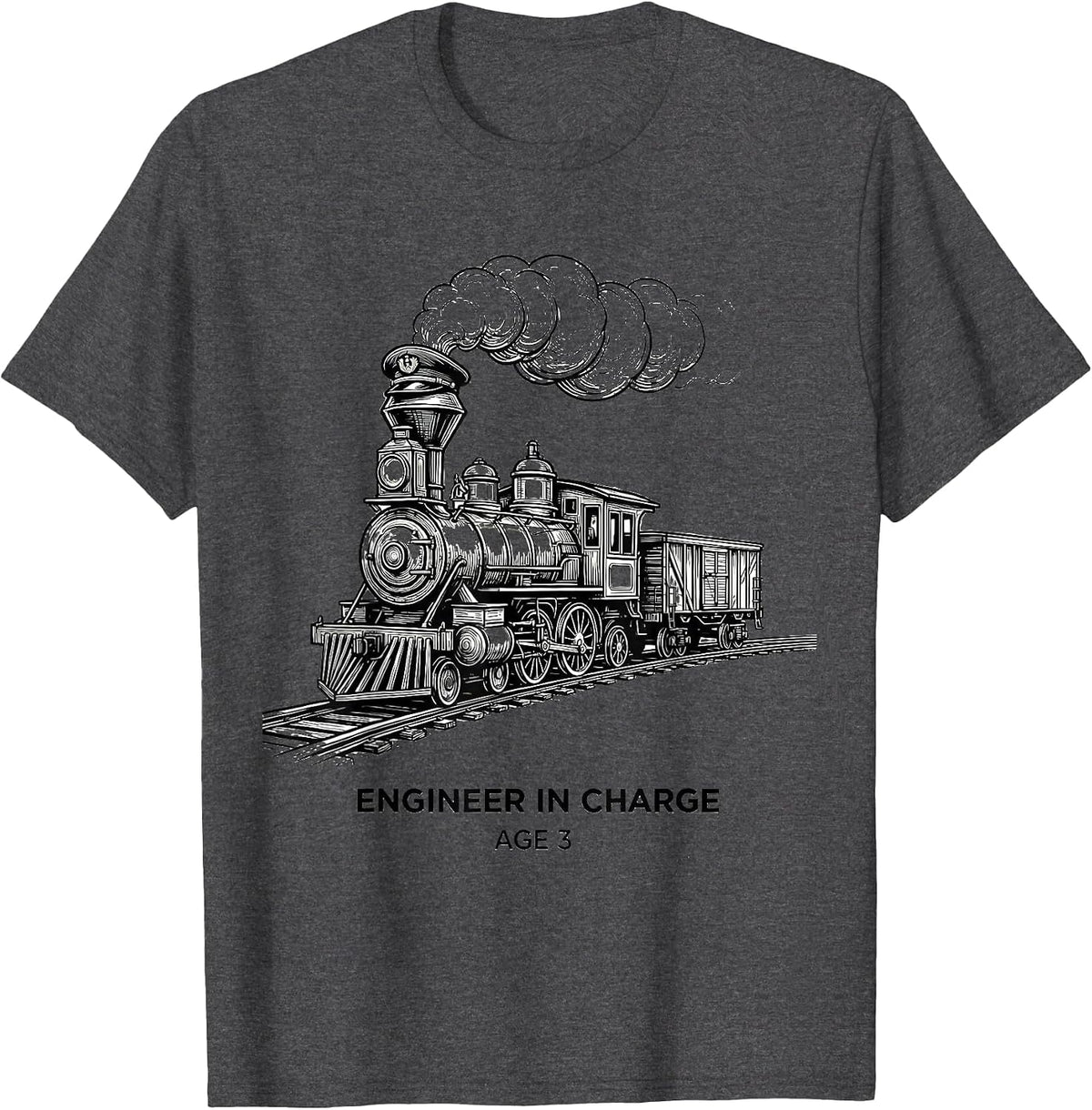 Engineer In Charge Age 3 Kids Construction Train Birthday T-Shirt, Men, Dark Heather Grey, XX-Large - As Pictured
