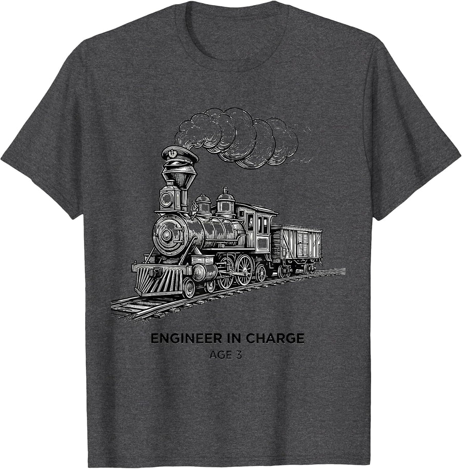 Engineer In Charge Age 3 Kids Construction Train Birthday T-Shirt, Men, Dark Heather Grey, 3X-Large - As Pictured