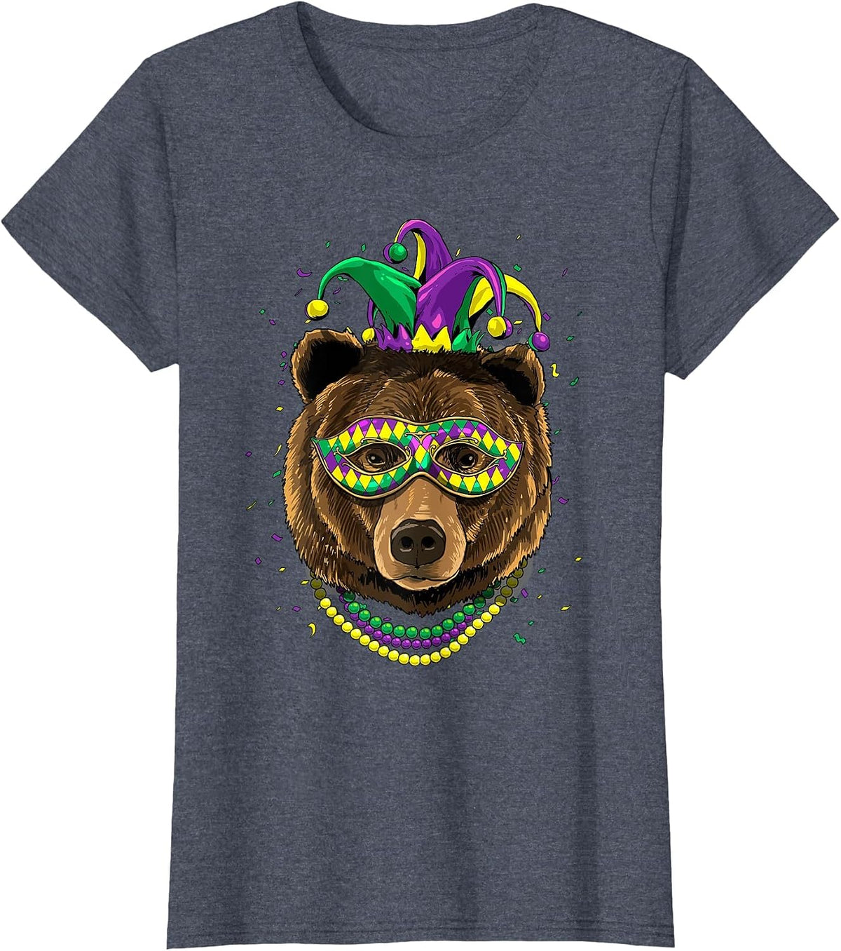 Bear Animal Lover Cute Mardi Gras Carnival Jester T-Shirt, Women, Heather Blue, Small - As Pictured