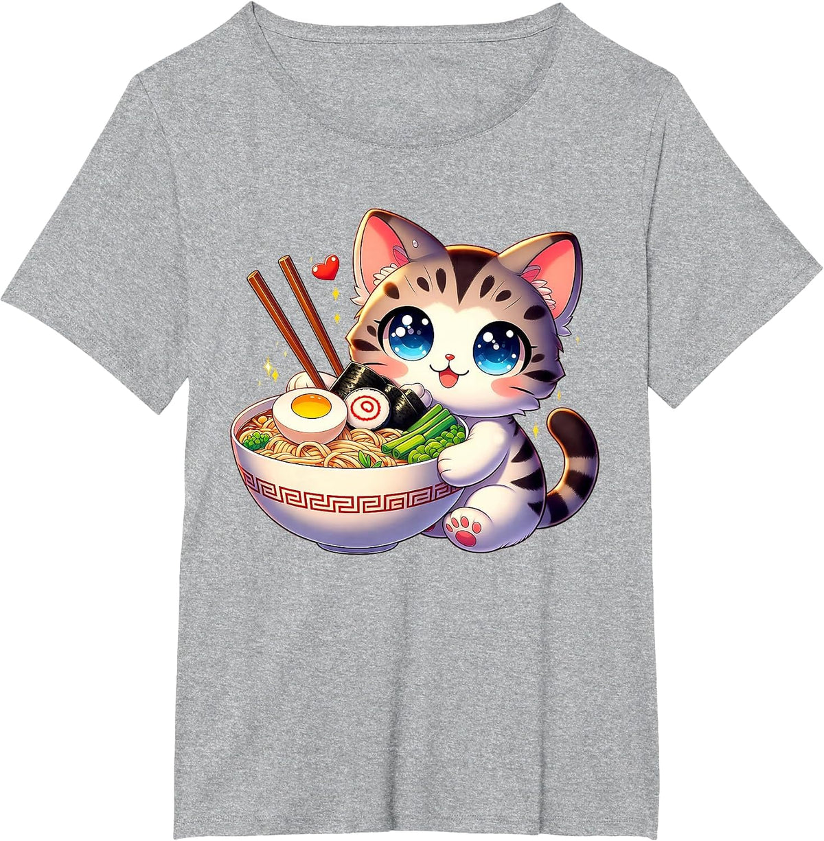 Cat Ramen Noodles Anime Kawaii Japanese Cat T-Shirt - Heather Grey