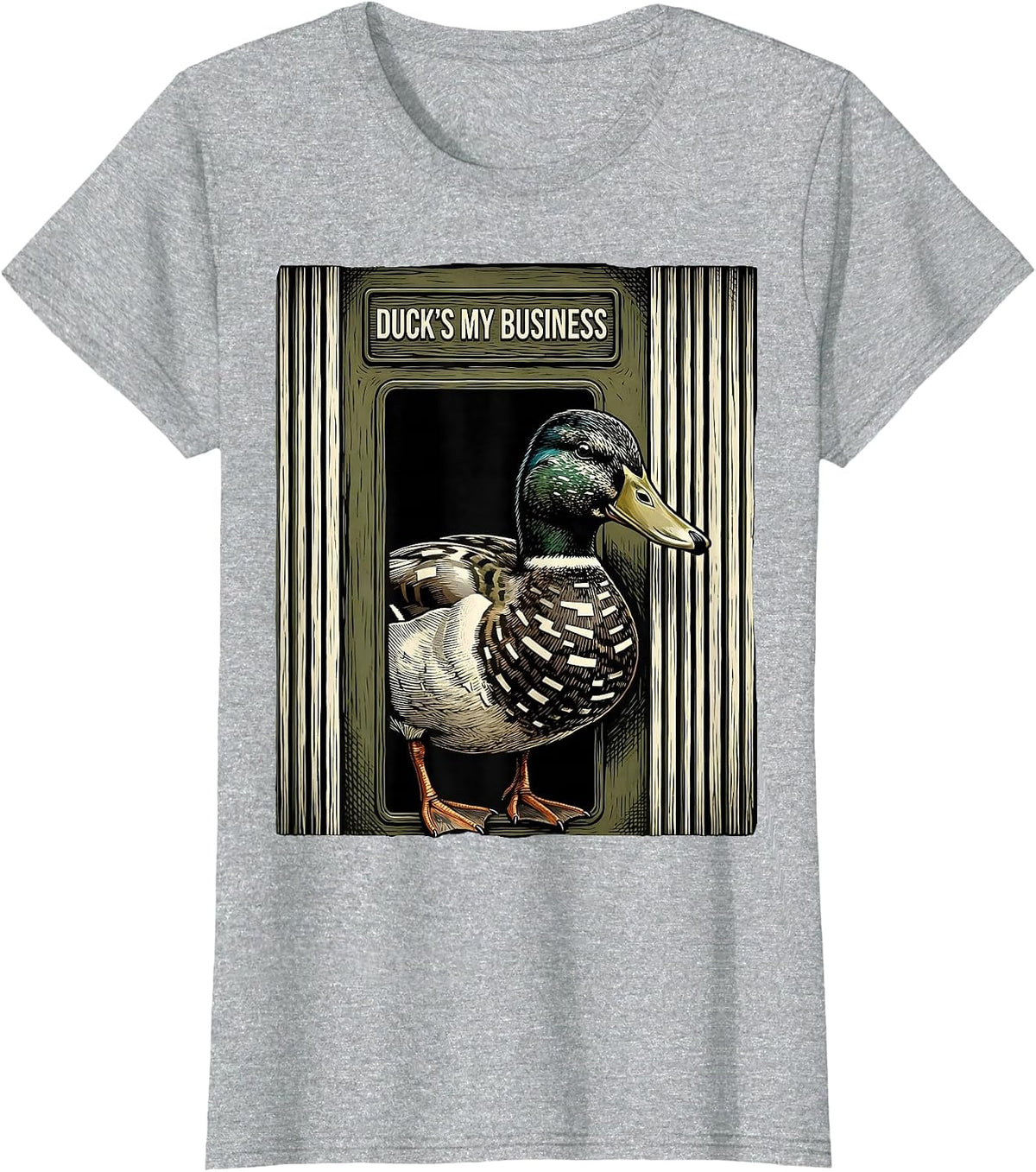 Duck's My Business Woodcut Engraving Funny Duck Hunting Camo T-Shirt - Heather Grey