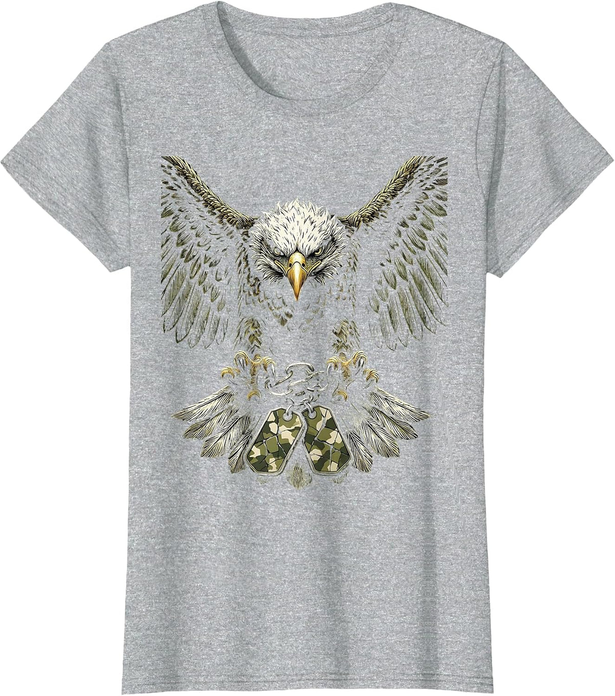 Women's Eagle Camo Dog Tags Patriotic Graphic Tee T-Shirt - Heather Grey