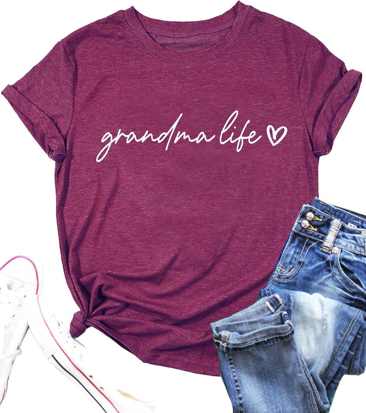Women Grandma Shirts Funny Grandma Life Heart Printed T-Shirt Grandmother Casual Tee Top - Purple