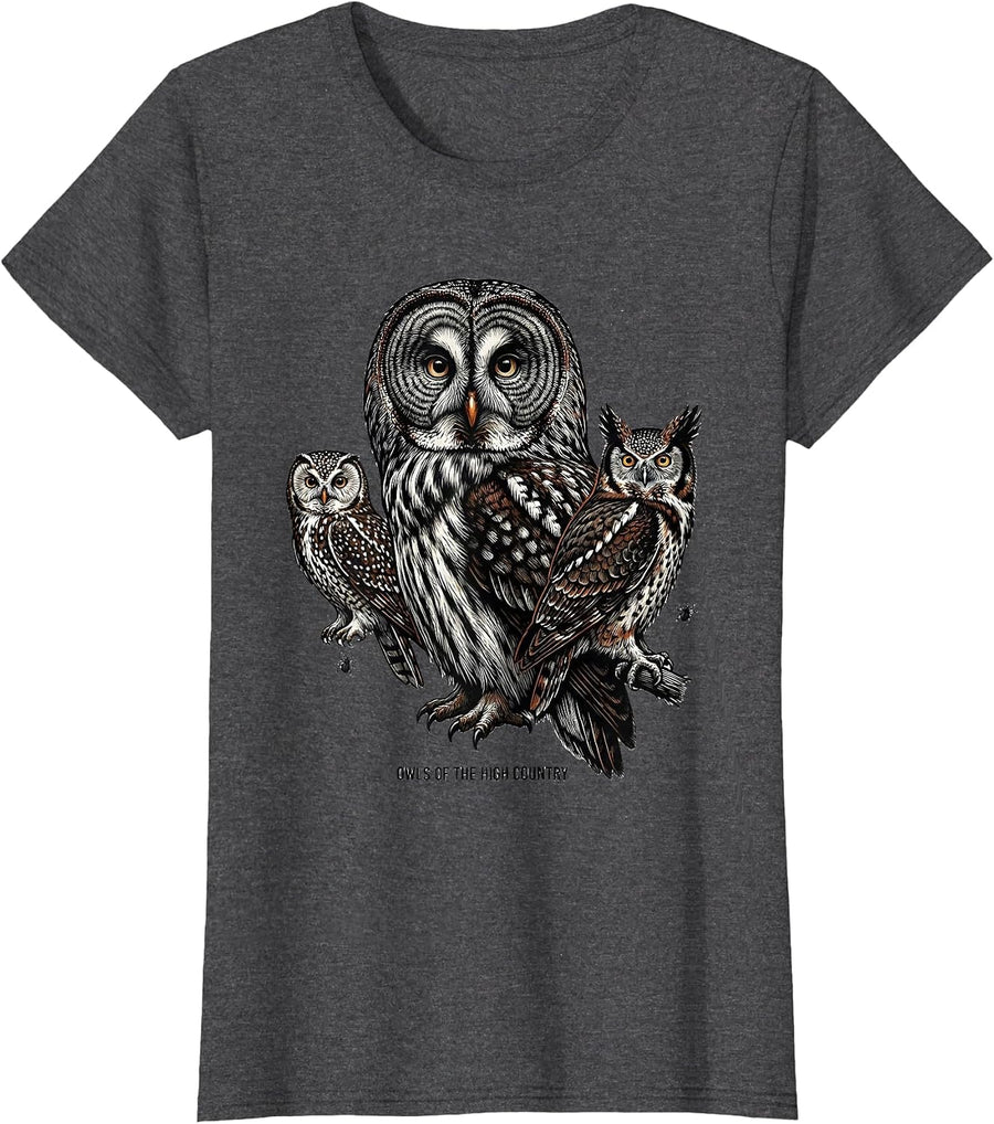 Women's Owls Of The High Country Vintage Bird Lover Retro Humor T-Shirt - Dark Heather Grey