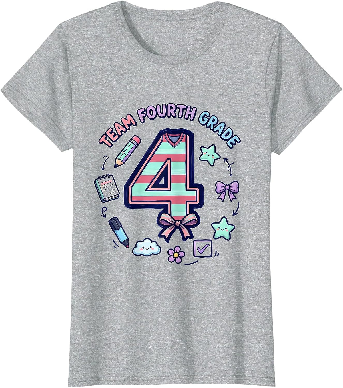 Women's Team Fourth Grade Kawaii Doodle Coquette Bow Back To School T-Shirt - Heather Grey