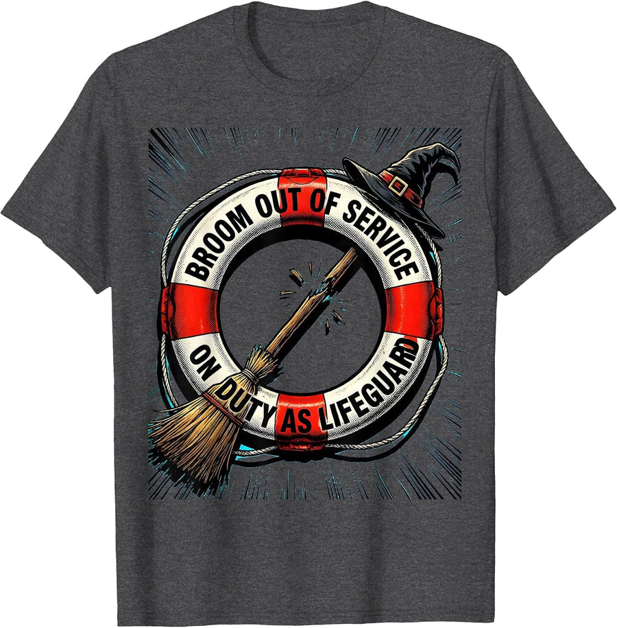 Men's Broom Out Of Service On Duty As Lifeguard Funny T-Shirt - Dark Heather Grey
