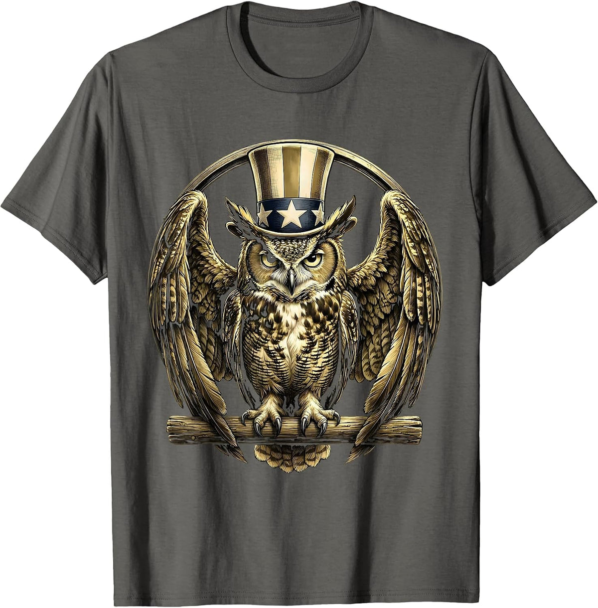 Men's Great Horned Owl Wings Spread USA Wildlife Art T-Shirt - Asphalt Grey