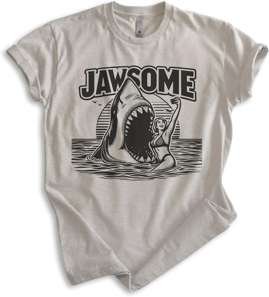 EVERTREE CLOTHING Jawsome Shark T-Shirt, Unisex Women's Men's Shirt, Shark Pun Great White Week Summer Saying Beach - Light