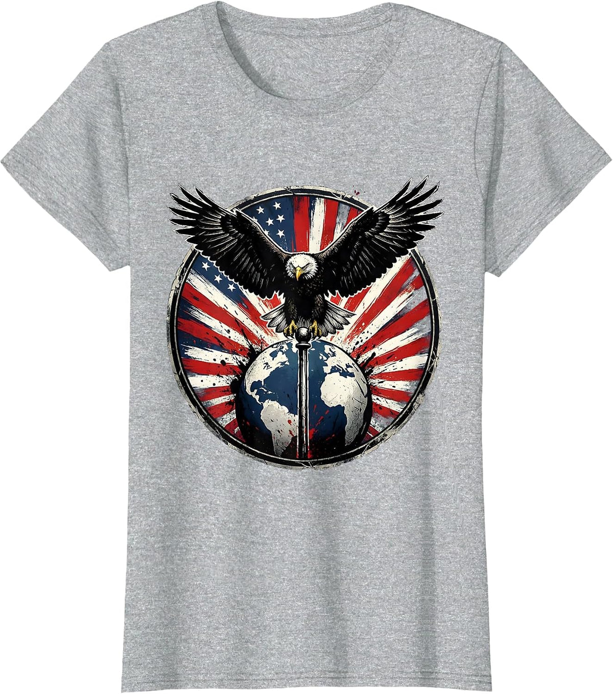 Vintage Eagle Atop Flagpole Globe American Flag T-Shirt - Heather Grey