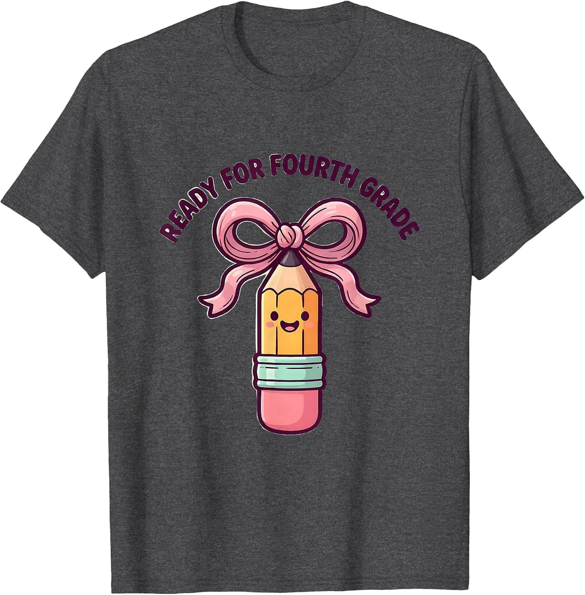 Ready For Fourth Grade Cute Kawaii Pencil Bow Back To School T-Shirt - Dark Heather Grey
