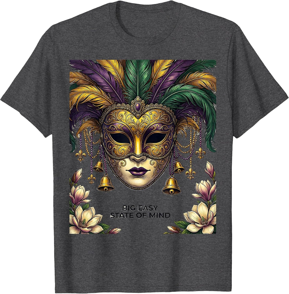 Big Easy State of Mind Mardi Gras Design T-Shirt - Dark Heather Grey