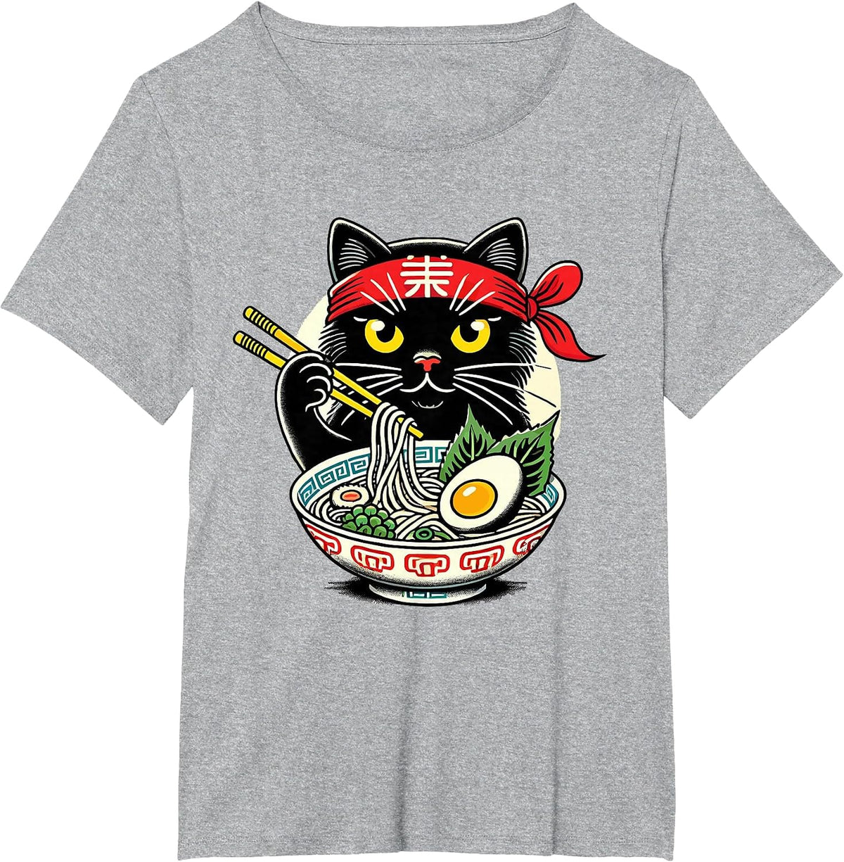 Cat Eating Ramen Noodles, Japanese Anime & Kawaii, Black Cat T-Shirt - Heather Grey