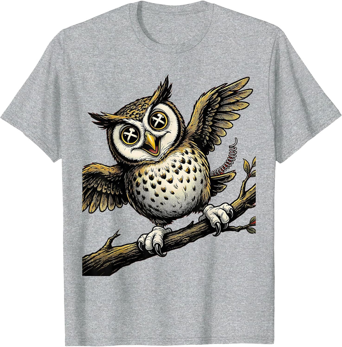 Men's Derpy Cross-Eyed Owl on a Tilted Branch T-Shirt - Heather Grey