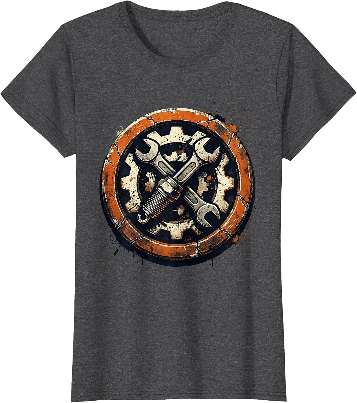 Women's Mechanic Wrench and Spark Plug Crossed Design T-Shirt - Dark Heather Grey