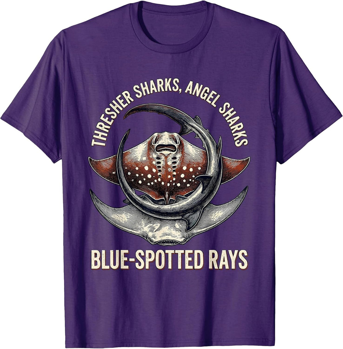 Thresher Sharks, Angel Sharks, Blue-Spotted Rays Marine T-Shirt - Purple