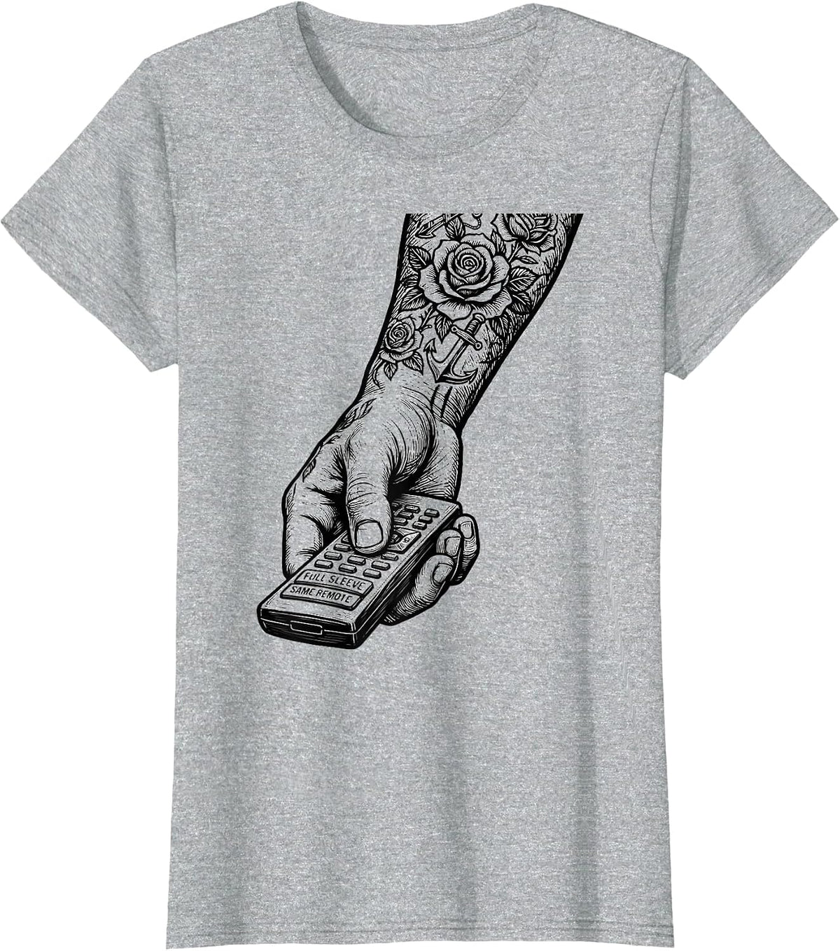Women's Full Sleeve, Same Remote Vintage Tattoo Humor Ink Addict T-Shirt - Heather Grey