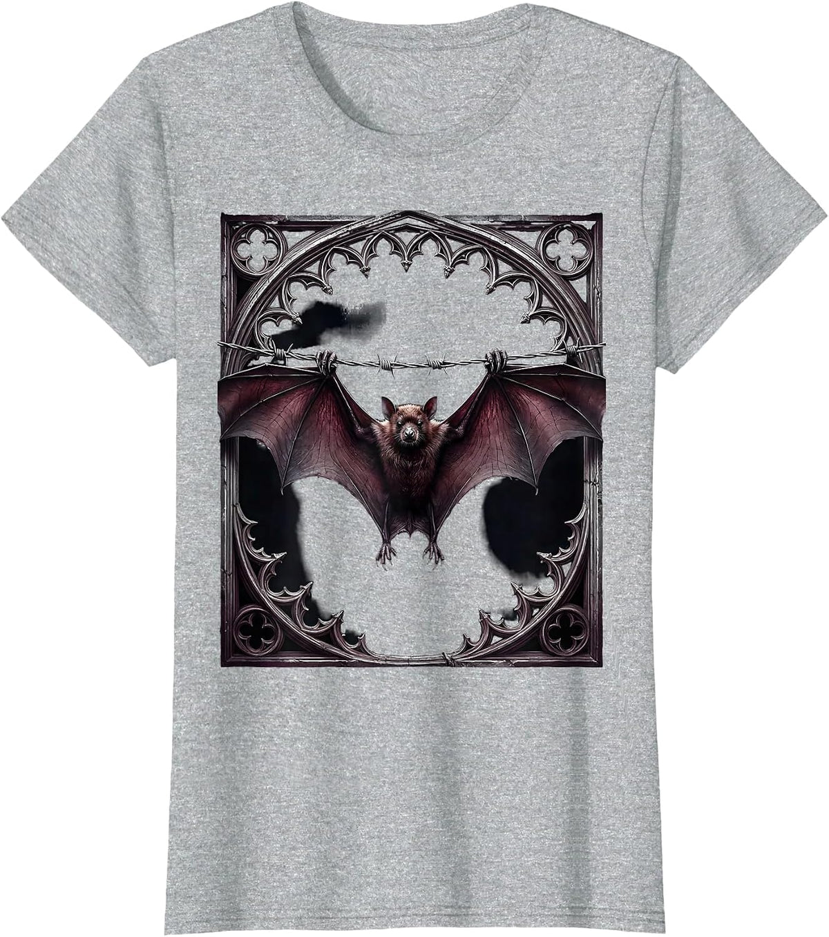 Women's Punk Bat on Barbed Wire Gothic Illustration T-Shirt - Heather Grey
