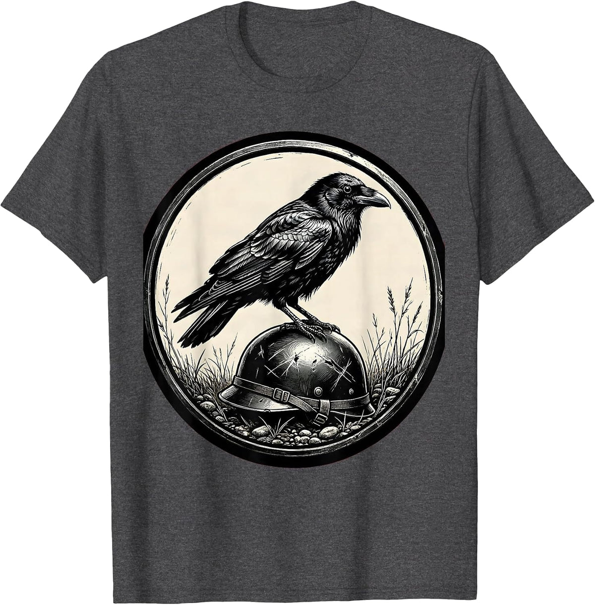 Crow on Fallen Soldier Helmet Memorial Design T-Shirt - Dark Heather Grey